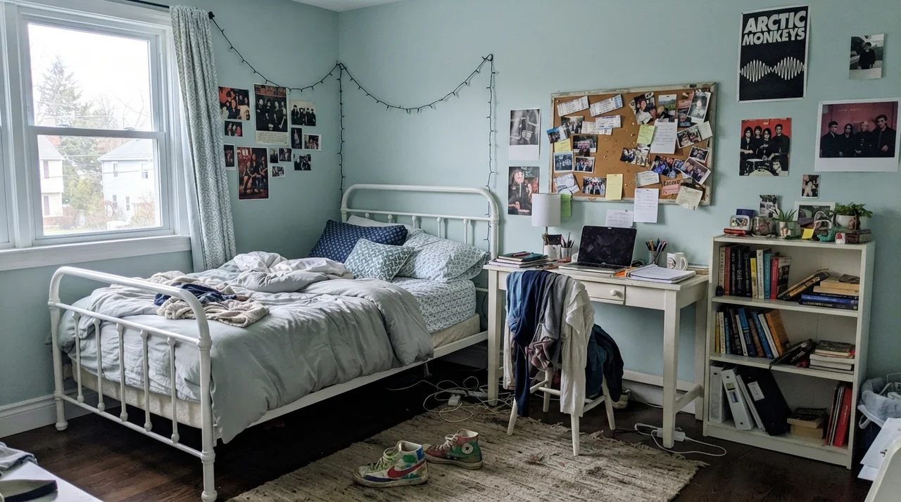 Teen bedroom with blue-green walls, white metal bed, and study desk