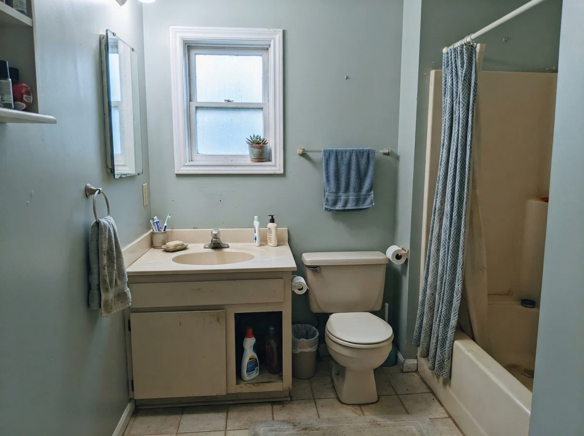 Modest dated bathroom with small window showing cool-cast painted walls beside an older beige vanity.