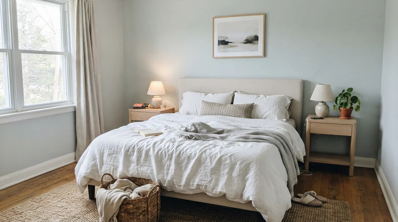 Serene main bedroom with painted walls, white linen bedding, pale oak nightstands, ceramic lamps, and a plant.