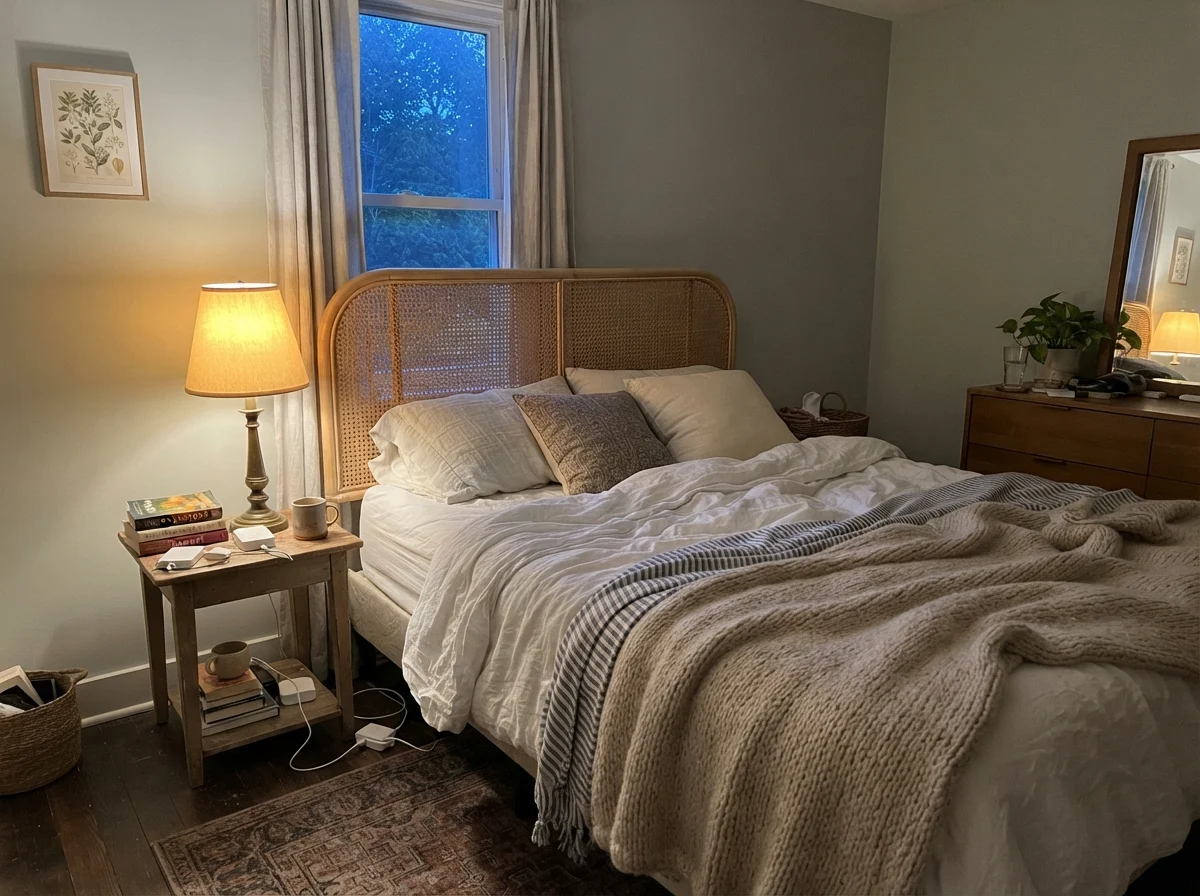 Bedroom at dusk with a single warm table lamp on, cane headboard, cozy blanket, and painted walls.