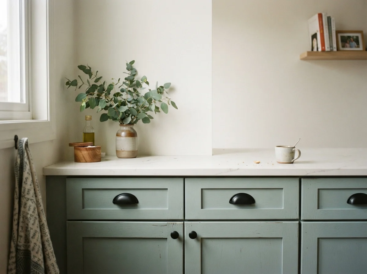 Close-up of painted shaker cabinet fronts with black hardware, white quartz counter, and eucalyptus vase.