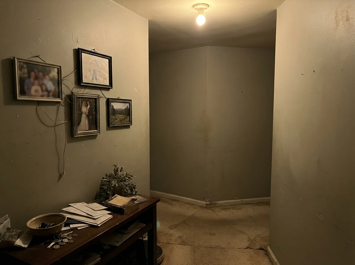 Windowless hallway corner showing painted wall looking flat and muddy under dim light with beige carpet.