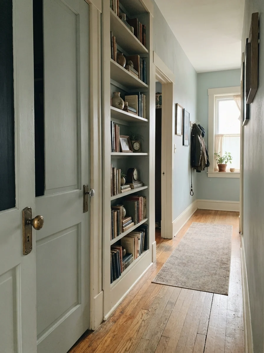 Hallway with painted interior door and built-in bookshelf, brass knob, wood floor, and cream walls.