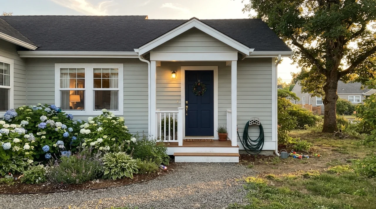 House exterior with horizontal siding painted the color, white trim, navy front door, and porch.