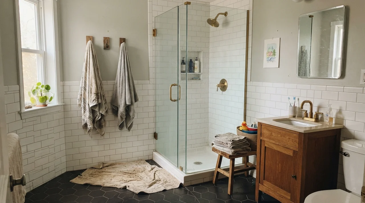Family bathroom with painted walls above white subway tile, brass fixtures, glass shower door, towels on hooks, and a bath mat.