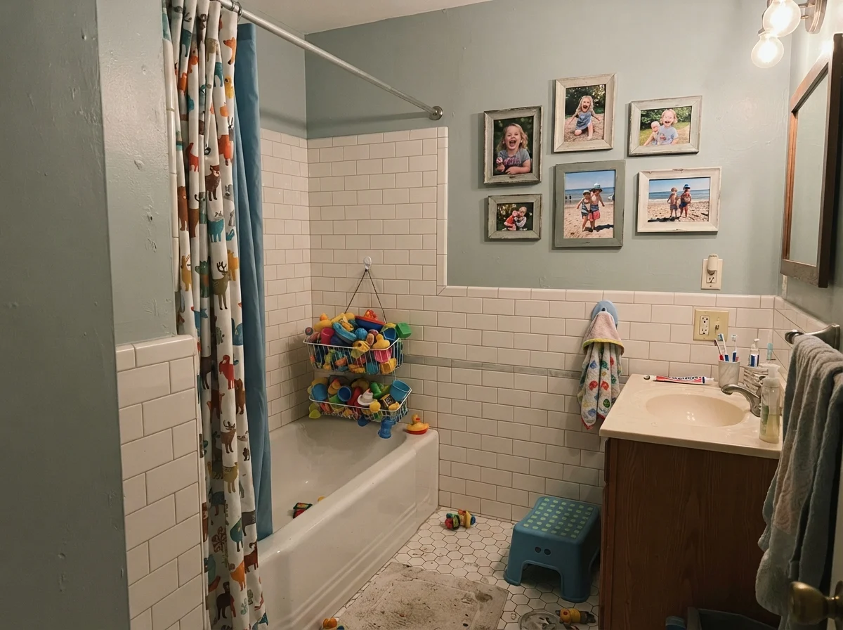 Kids' bathroom with painted walls over white subway tile, shower curtain, and basket of bath toys.