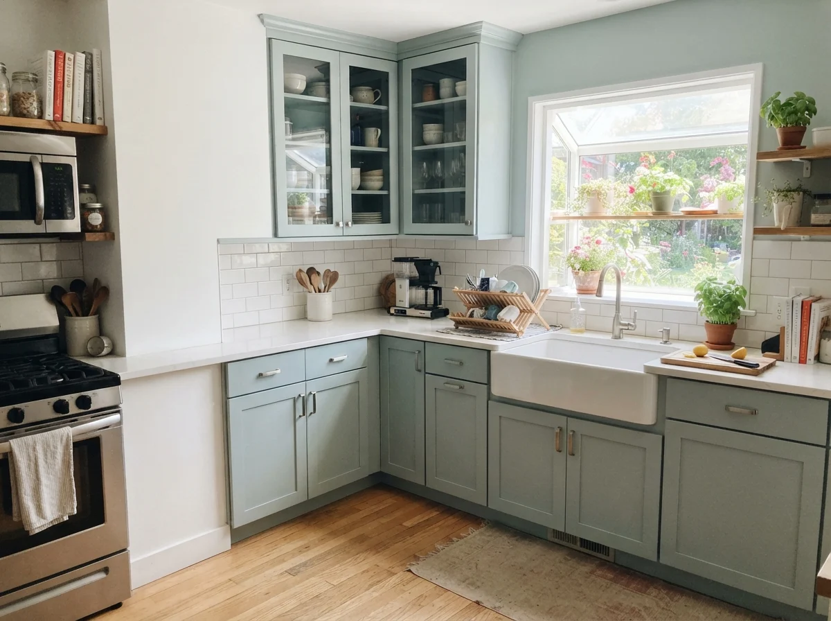 Kitchen with shaker cabinets painted the color, white backsplash, white counters, and light oak floor.