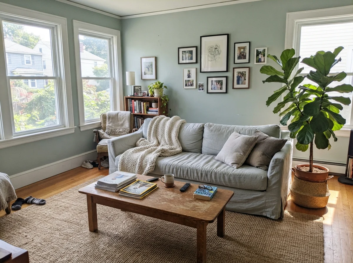 Living room with painted walls, linen sofa with throw, wood table, jute rug, and potted plant.