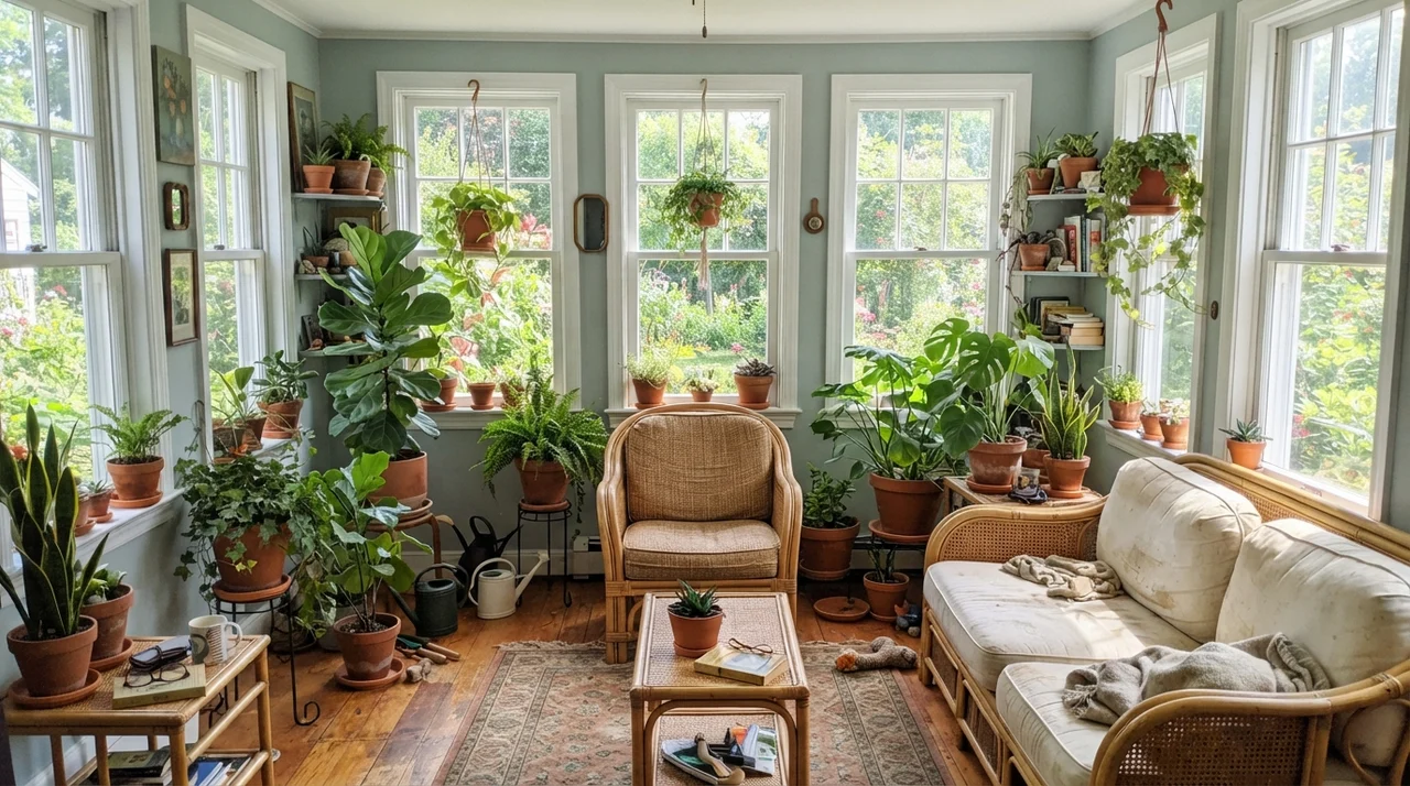 Sunroom with painted walls between white-framed windows, rattan furniture, and potted plants.