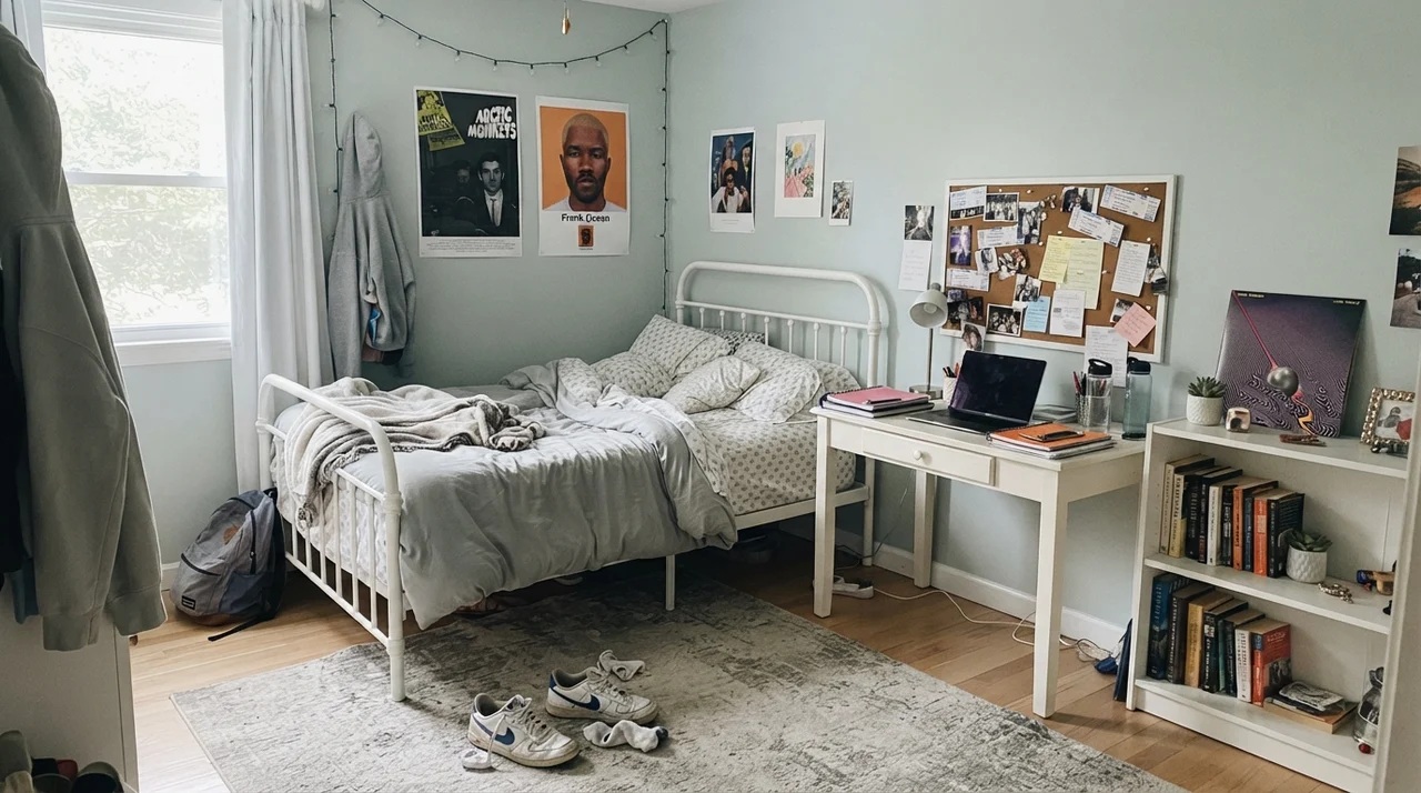 Teenager's bedroom with painted walls, white metal bed frame, desk with corkboard, and sneakers on a rug.