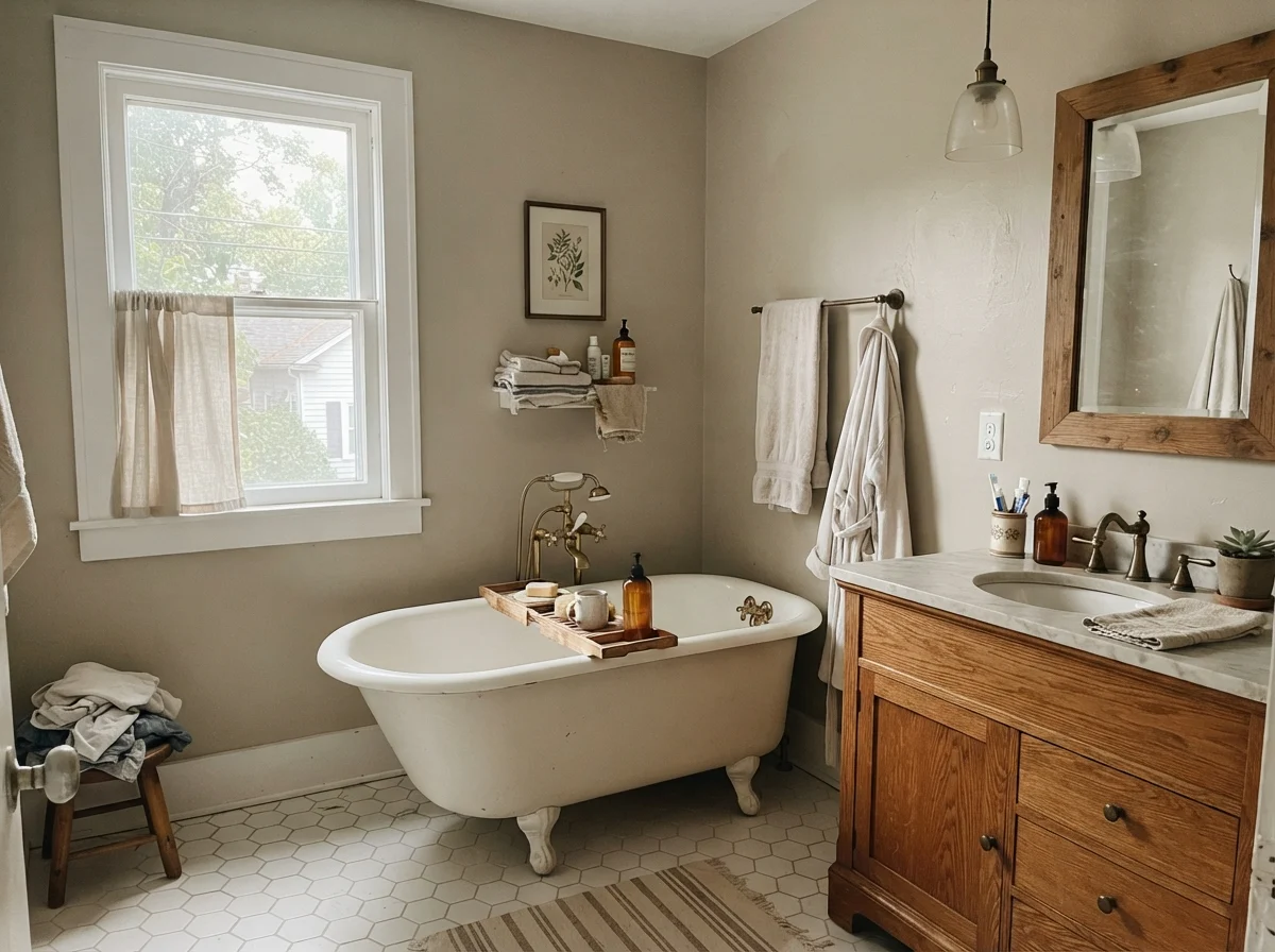 Cottage bathroom with Revere Pewter walls, clawfoot tub, and oak vanity.