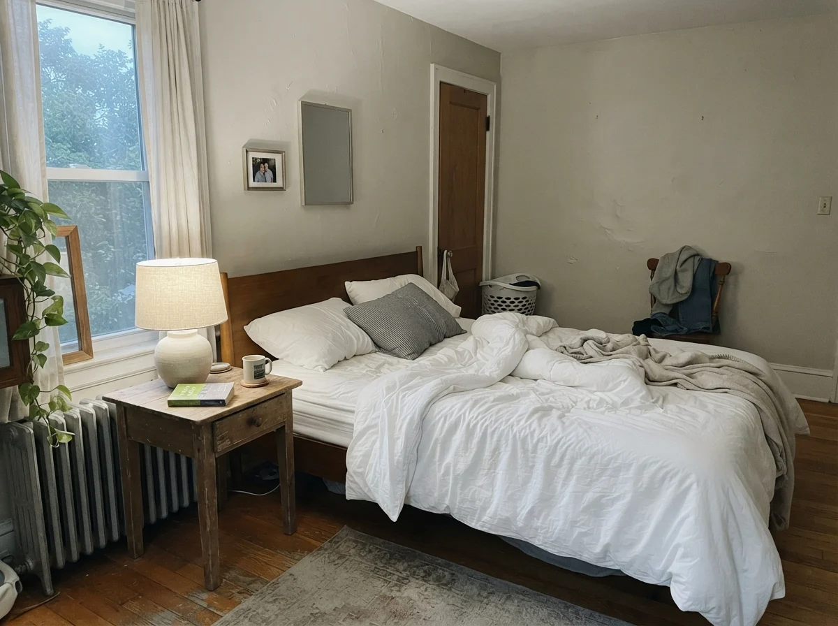 Bedroom with unmade white bedding and wood nightstand showing Revere Pewter walls in pale morning light.