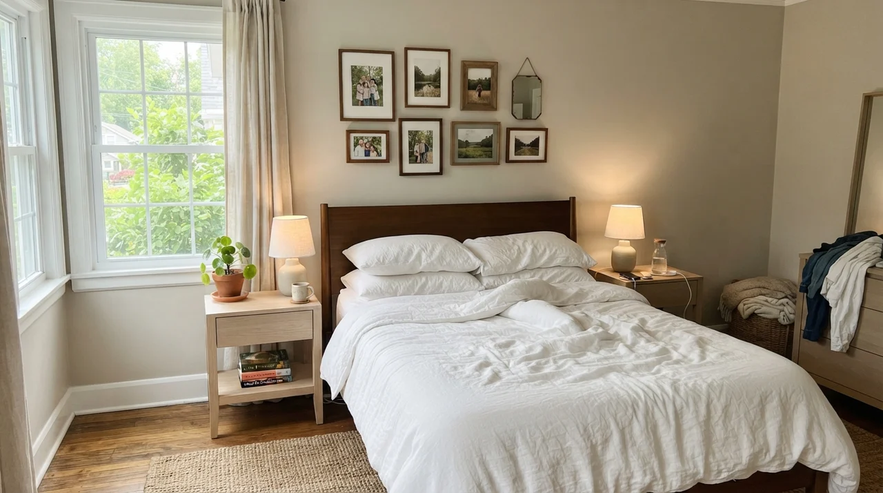 Main bedroom with Revere Pewter walls, white linens, and pale oak furniture.