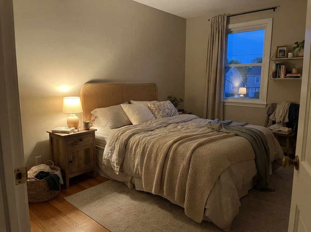 Bedroom at evening with lamp glow warming Revere Pewter walls behind a cane headboard.