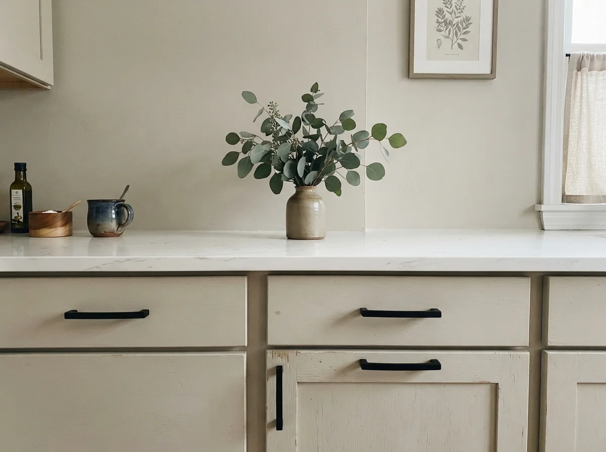 Close-up of Revere Pewter cabinet fronts with matte black hardware and quartz counter.