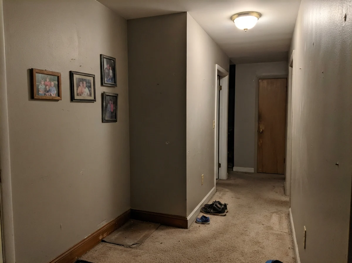 Dim windowless hallway corner showing Revere Pewter looking muddy and flat under artificial light.
