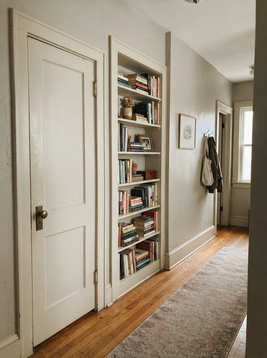 Hallway featuring a Revere Pewter painted door and built-in bookcase with books and brass hardware.