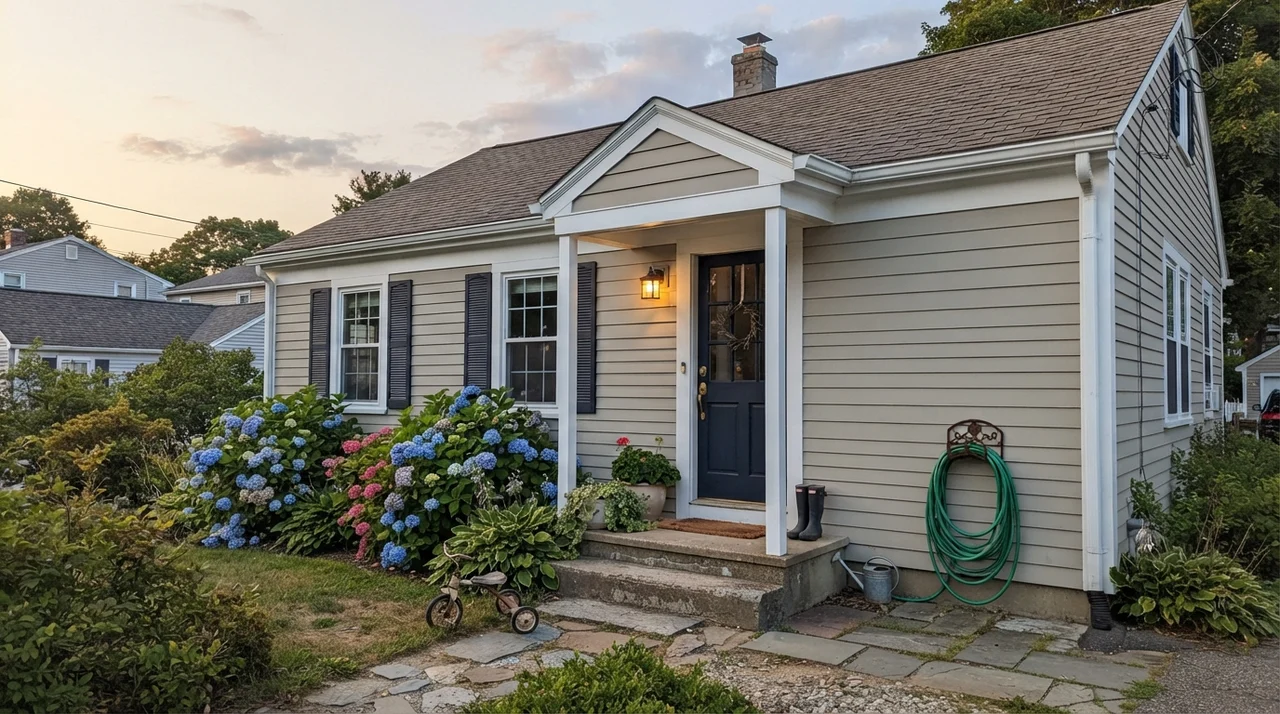 House exterior with Revere Pewter siding, white trim, and a dark navy front door.