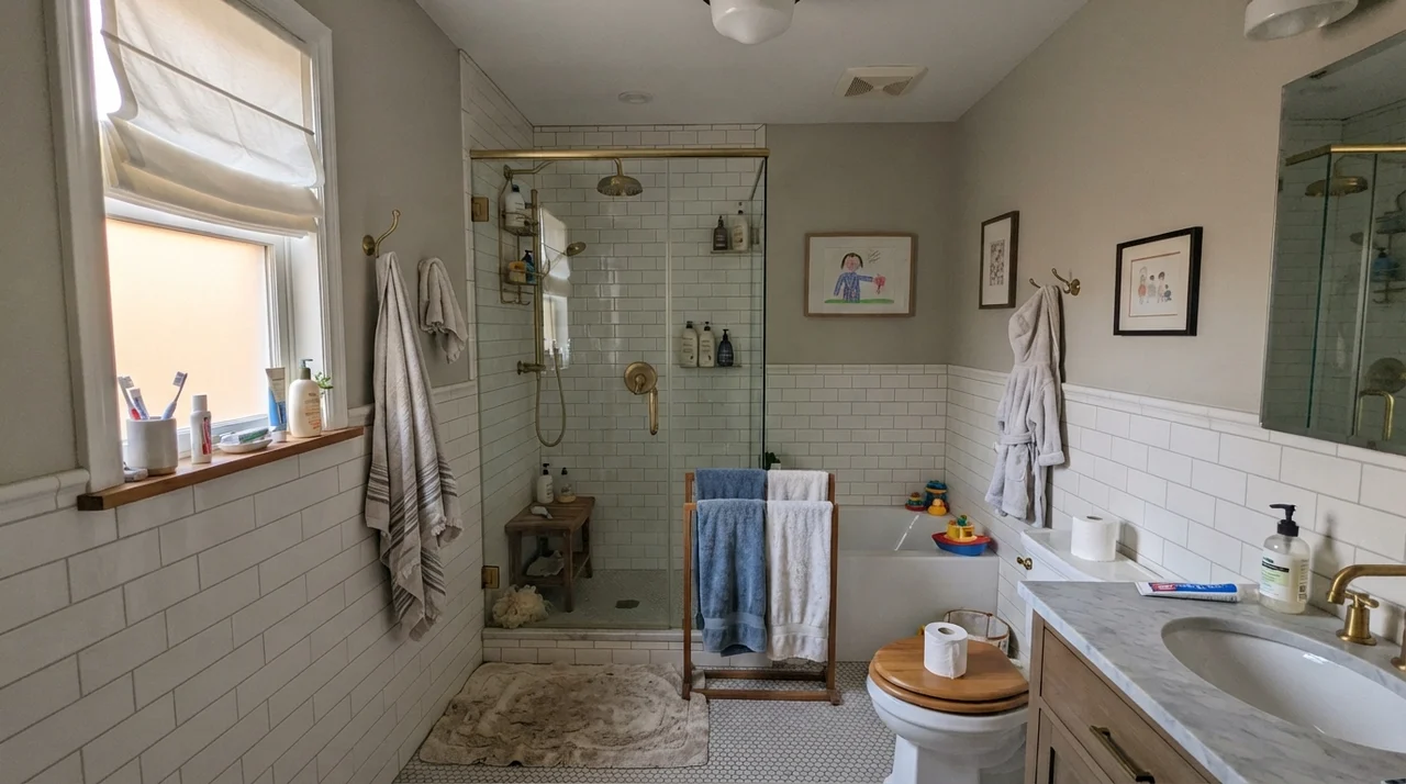Family bathroom with upper walls painted Revere Pewter above white subway tile wainscoting and brass shower fixtures.