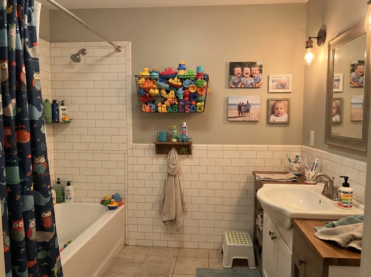 Kids bathroom with painted upper walls, white subway tile, and colorful bath accessories.