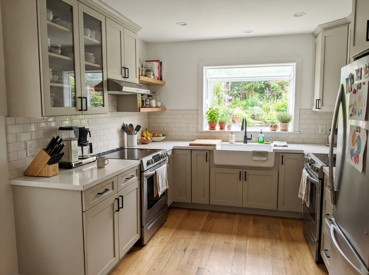 Kitchen featuring Revere Pewter shaker cabinets paired with white subway tile and oak flooring.