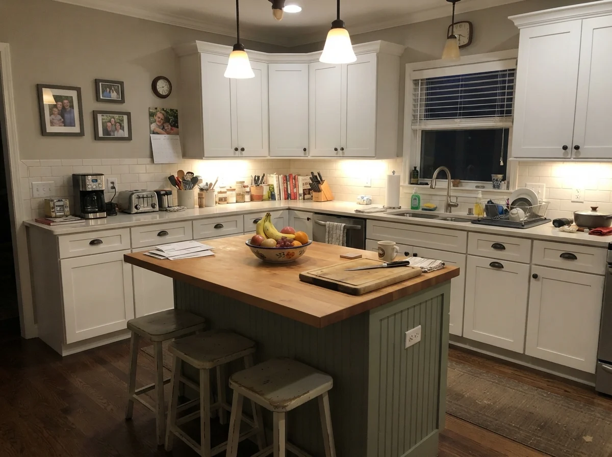 Family kitchen with a Revere Pewter center island, white surrounding cabinets, and cream walls.
