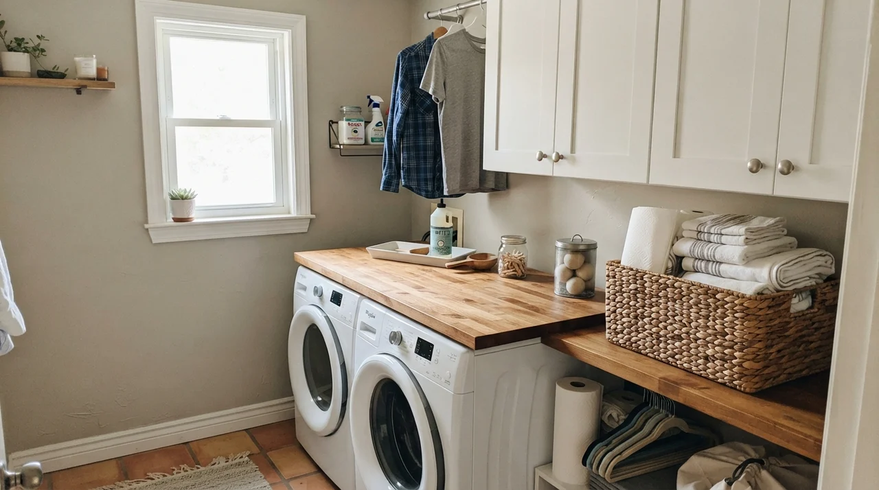 Bright laundry room with painted walls, butcher block counter, and white laundry appliances.