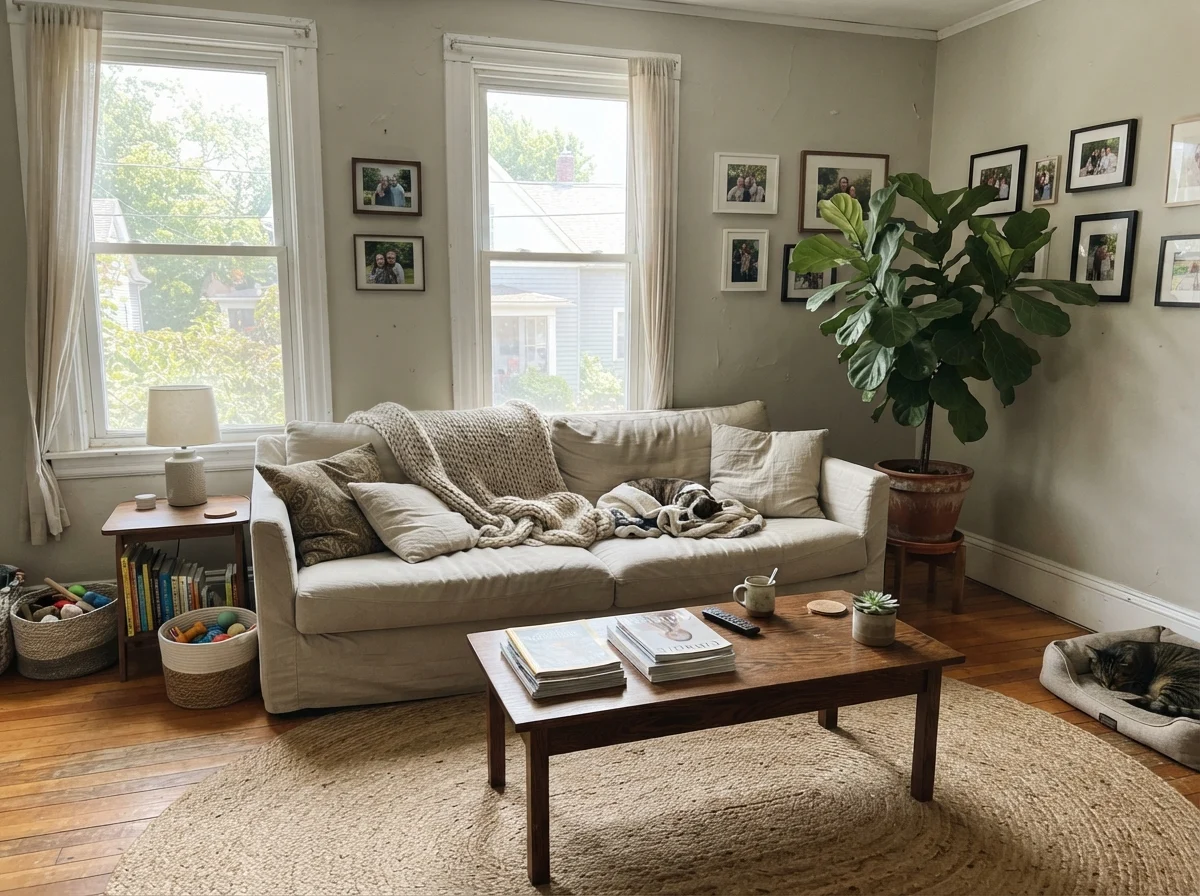 Living room filled with bright sun showcasing Revere Pewter walls, linen sofa, and wood table.