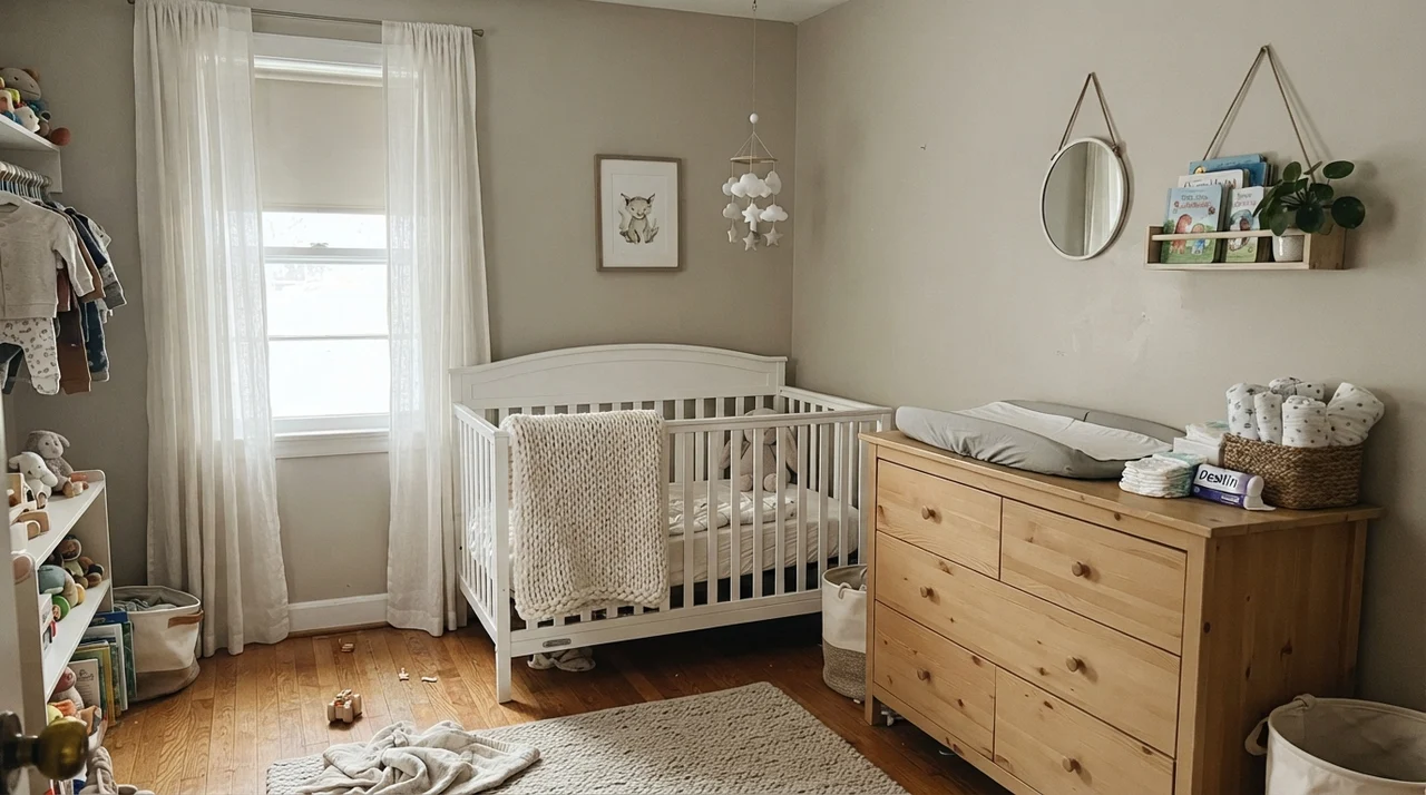 Nursery with Revere Pewter walls, white crib, and light wood dresser.