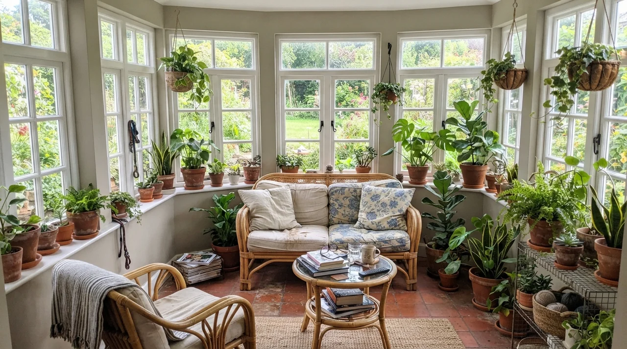 Sunroom with Revere Pewter walls between white windows, lush plants, and rattan furniture.