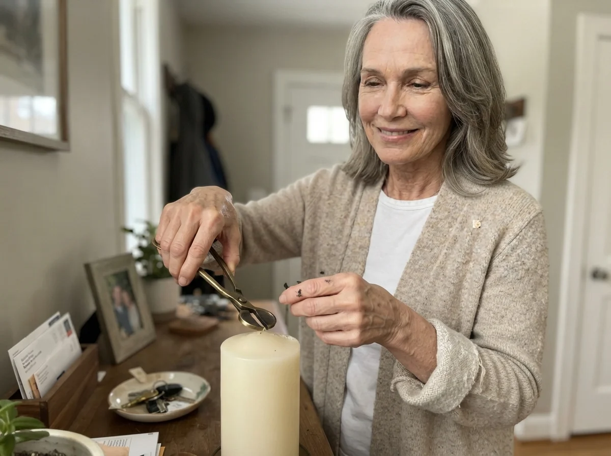 Susan Hartley trimming a candle wick in a hallway painted Benjamin Moore Revere Pewter.