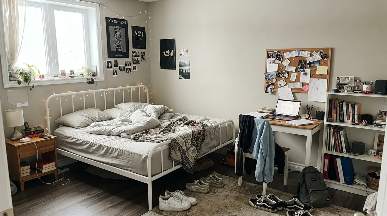 Teenager bedroom with Revere Pewter walls, white metal bed, and desk.