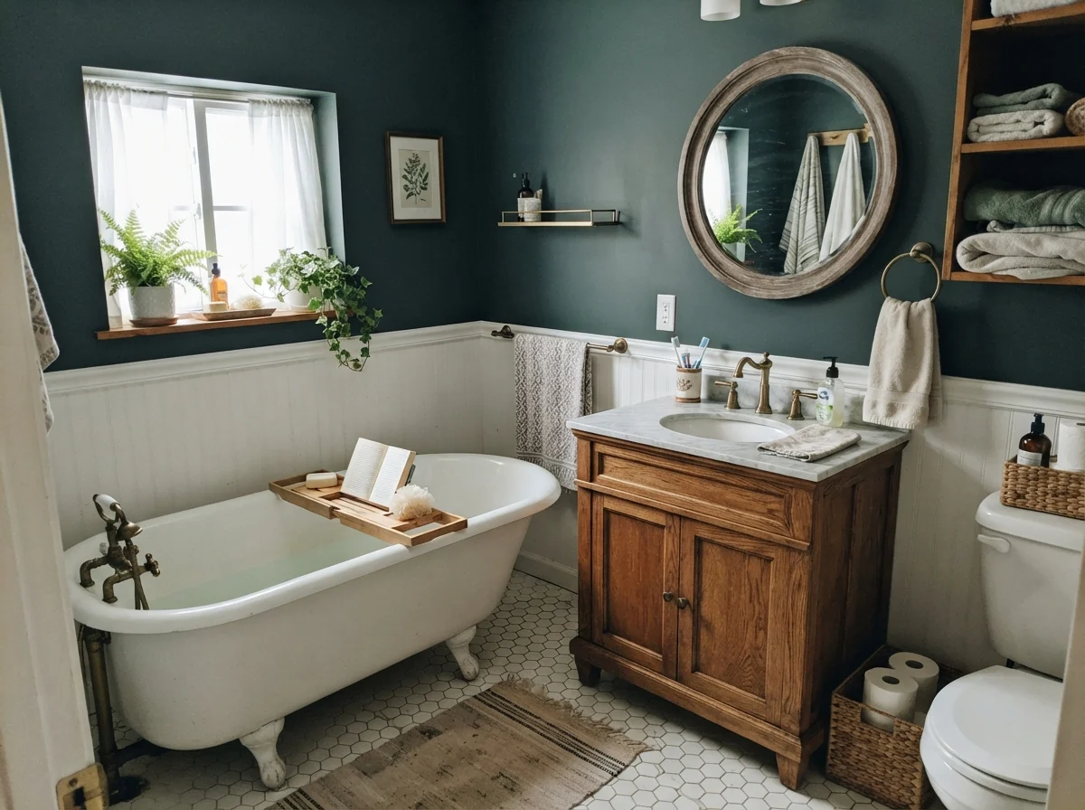 Cottage bathroom with white clawfoot tub, hex tile, oak vanity, and Salamander painted walls.