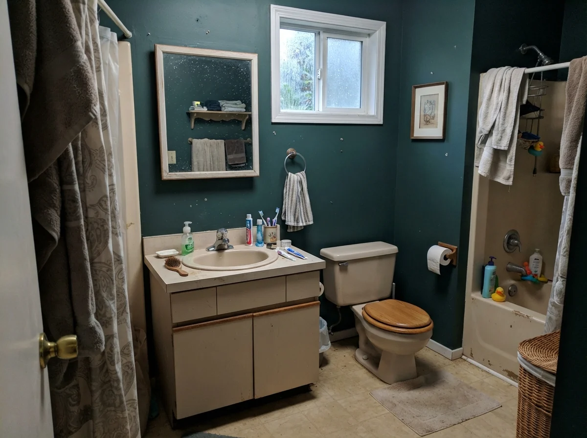 Modest bathroom showing cool, blue-cast Salamander walls on a rainy day.