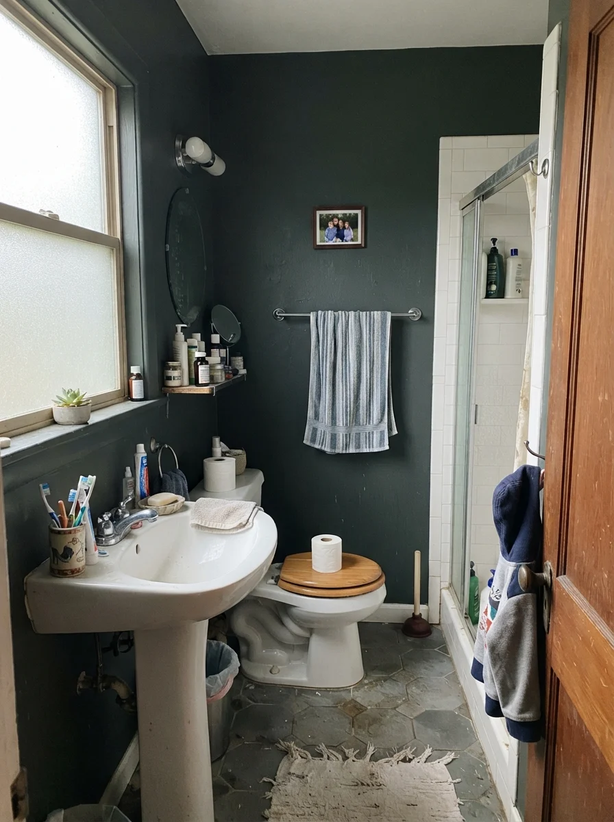 Small bathroom with Salamander walls looking gray and muted under flat overcast window light.