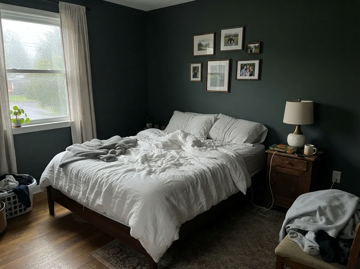 Bedroom with unmade white bedding, wood nightstand, and Salamander painted walls in cool dawn light.
