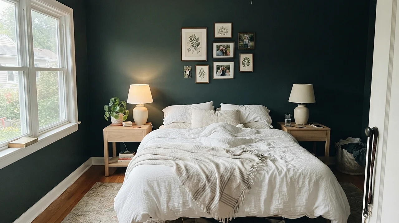 Main bedroom with Benjamin Moore Salamander walls, pale oak nightstands, and crisp white linen bedding.