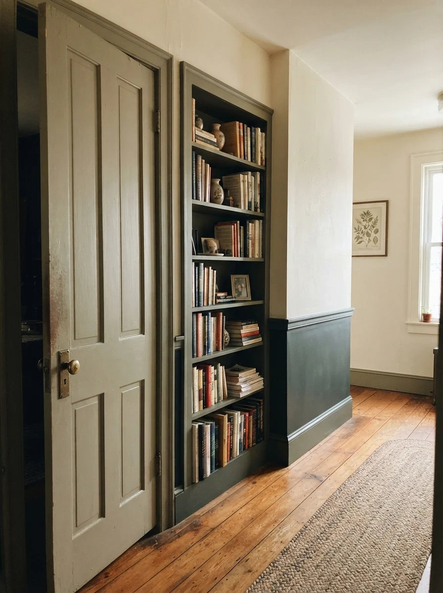 Hallway built-in bookcase and interior door painted Salamander against cream walls.