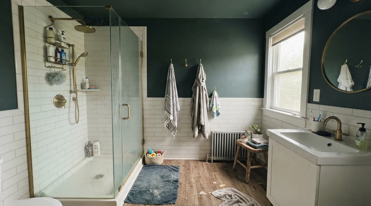 Family bathroom with Benjamin Moore Salamander walls above white subway tile, brass fixtures, and soft daylight from a side window.
