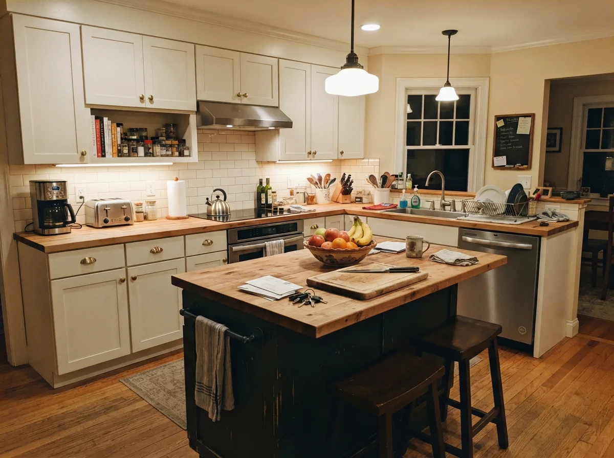 Family kitchen island painted in Salamander with white surrounding cabinets and warm evening light.