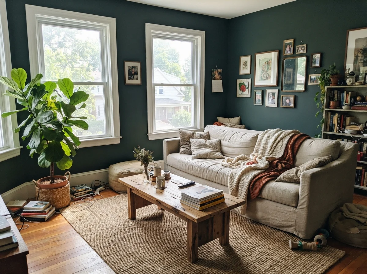 Bright sunlit living room with Salamander painted walls, linen sofa, and jute rug.