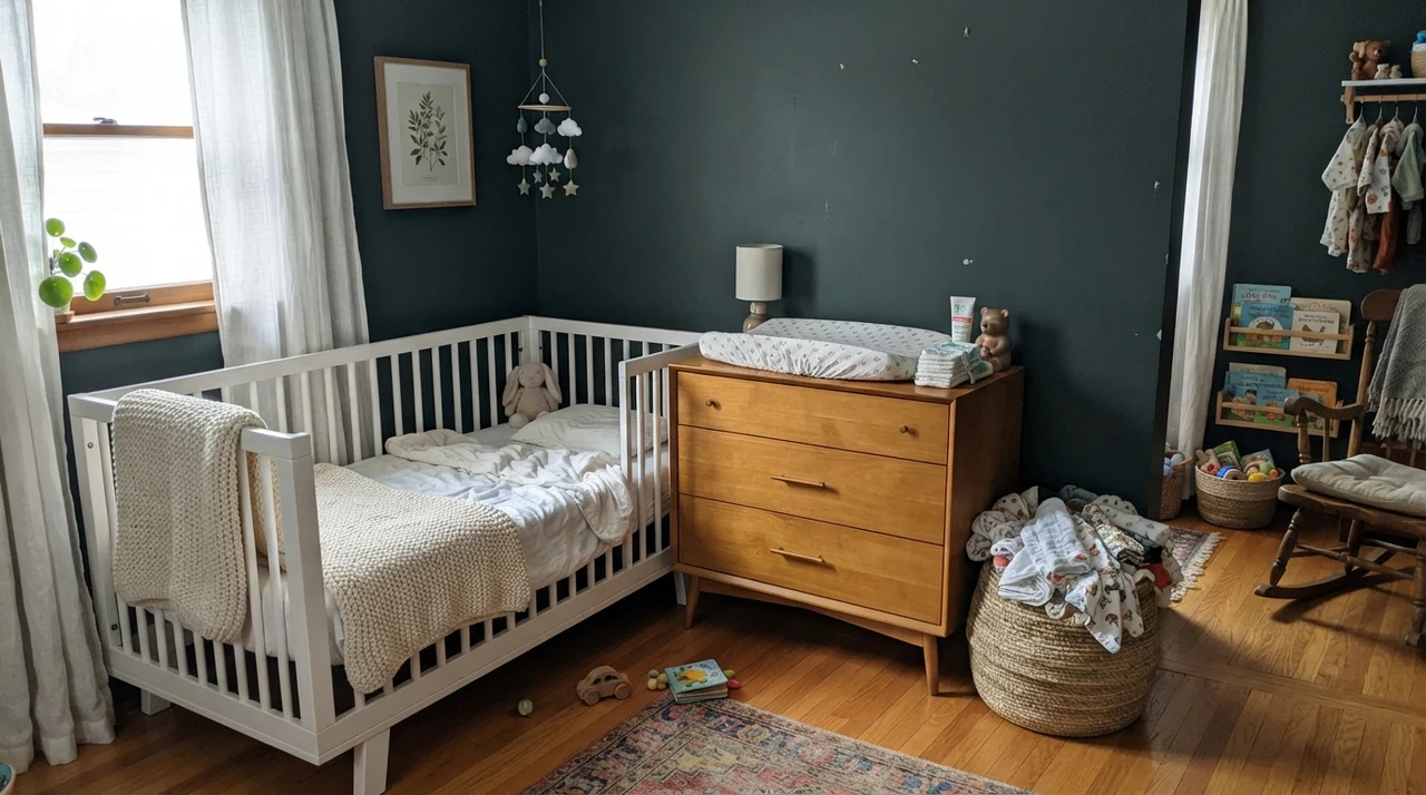Nursery with gentle window light, white crib, wood dresser, and Benjamin Moore Salamander walls.