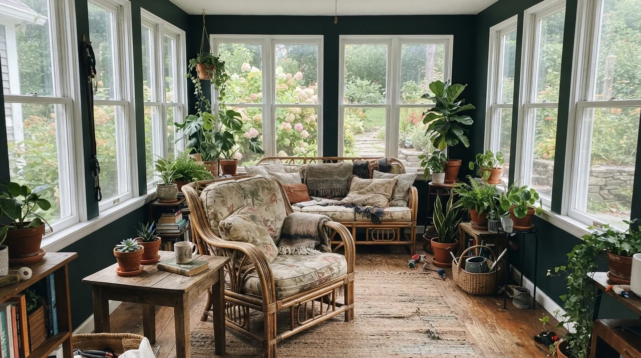 Sunroom with many white windows, Salamander painted walls, rattan furniture, and terracotta pots.