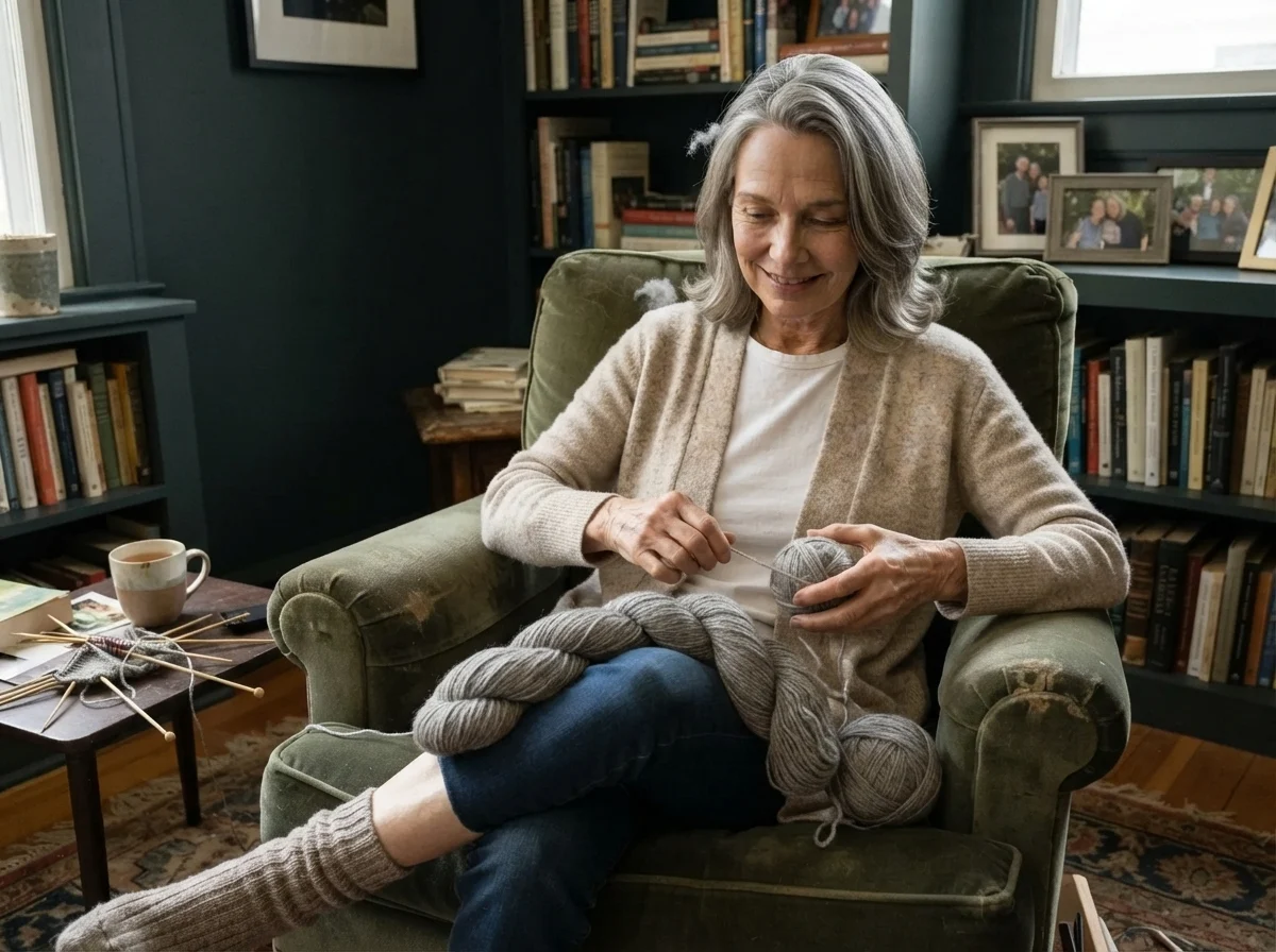 Susan Hartley sitting in an armchair with wool yarn against walls painted in Benjamin Moore Salamander.