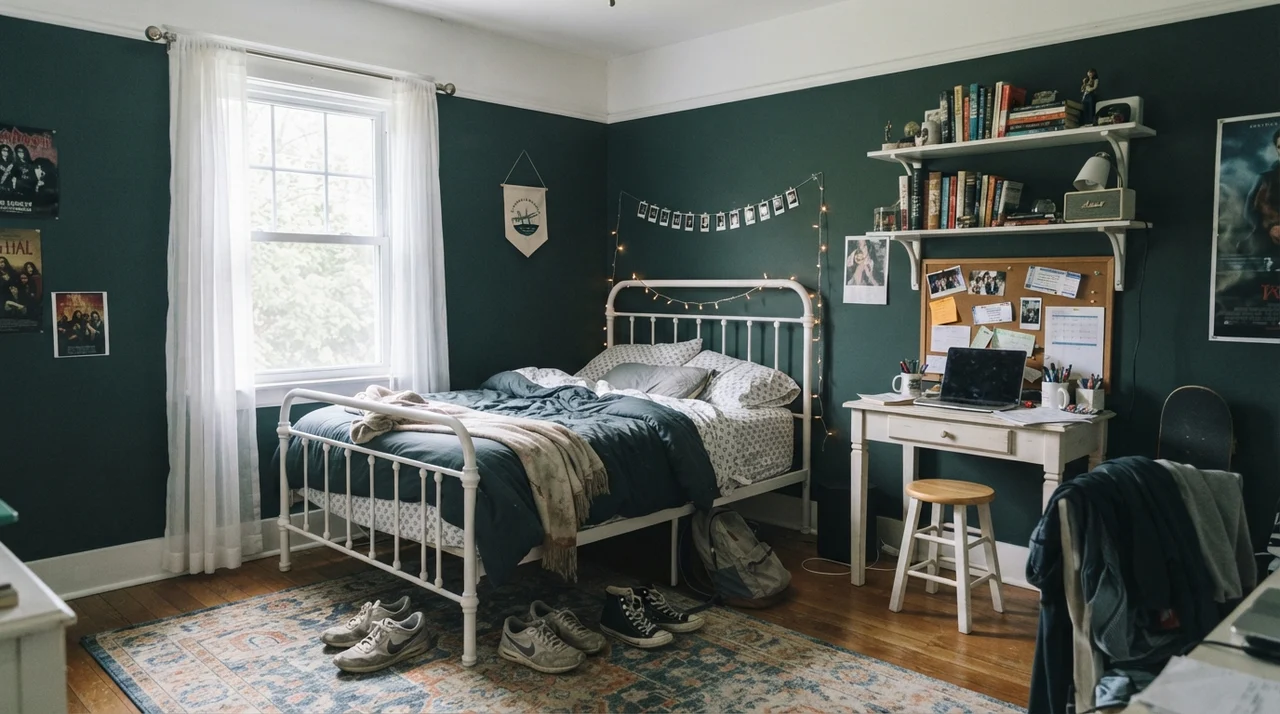 Teenager's bedroom with painted Salamander walls, white metal bed, and desk.
