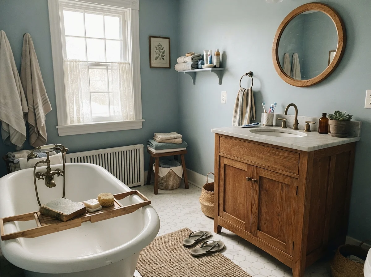 Cottage bathroom featuring white clawfoot tub, white hex tile floor, and oak vanity