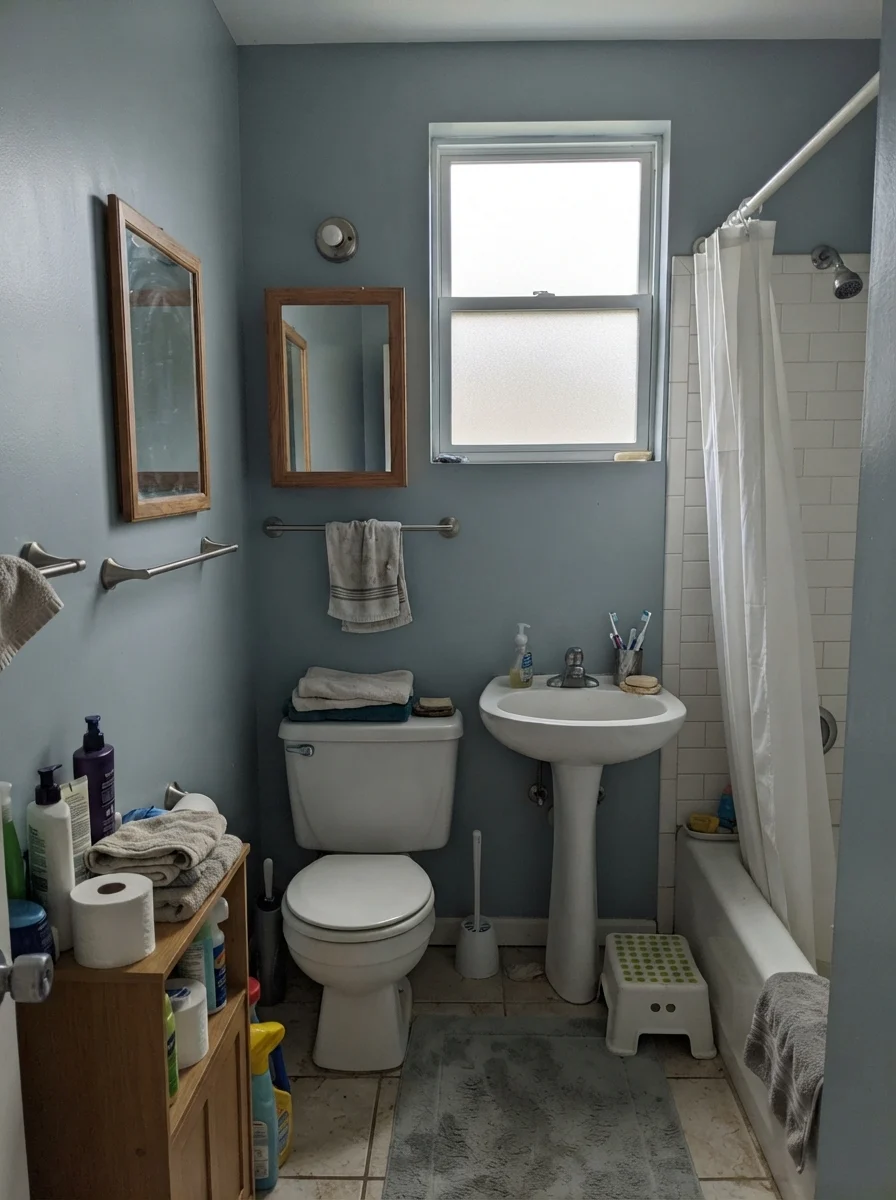 Small bathroom with painted walls looking gray and muted under frosted window light