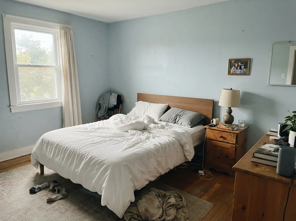 Simple bedroom with painted walls looking pale in early morning light beside a wood nightstand