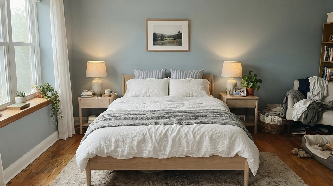 Main bedroom with painted blue-gray walls, white linen bedding, and pale oak nightstands