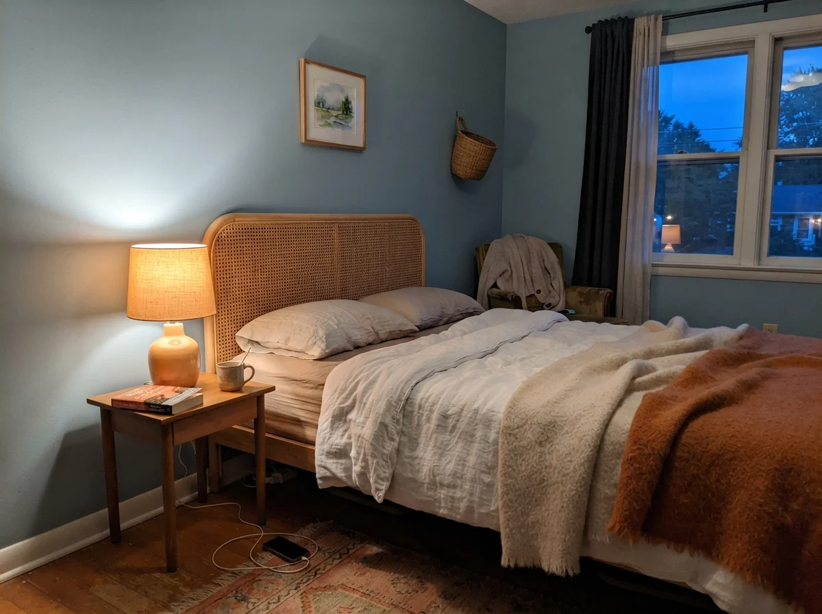 Bedroom wall glowing warmly under a table lamp at evening with cane headboard